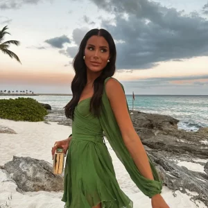 Green Chiffon Mini Dress: Sexy V-Neck Hollow Out Mesh, Spring Beach Holiday Wear