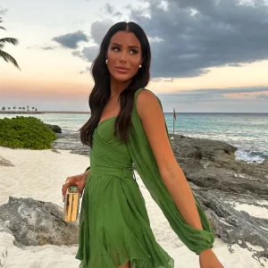 Green Chiffon Mini Dress: Sexy V-Neck Hollow Out Mesh, Spring Beach Holiday Wear