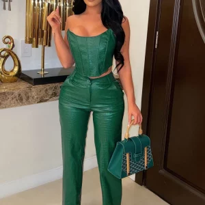 Green Corset Cut-Out Cargo Metallic Jumpsuit Set