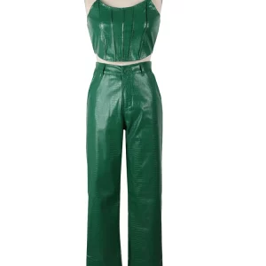 Green Corset Cut-Out Cargo Metallic Jumpsuit Set