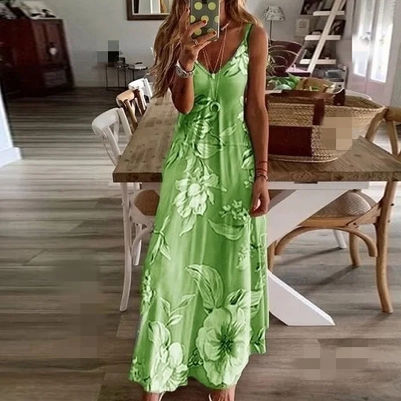 Green Floral Print V-Neck Bohemian Dress for Women