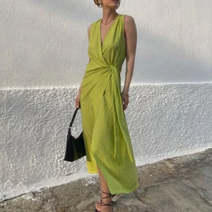 Green V-Neck Summer Dress 2024 | Elegant Sleeveless Ankle-Length Lace-Up Slit Women's Dress