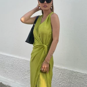 Green V-Neck Summer Dress 2024 | Elegant Sleeveless Ankle-Length Lace-Up Slit Women's Dress