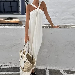 Halter Off Shoulder Maxi Dress Women's Fashion Backless Loose Spring Dress