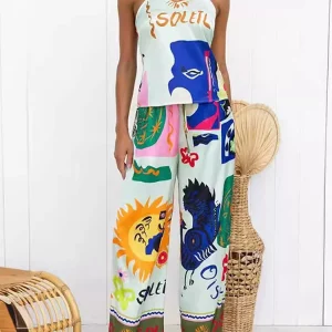 Halter Sleeveless Wide Leg Pants Lady Suit | 2024 Fashion Casual Lace Up Summer Beach Set