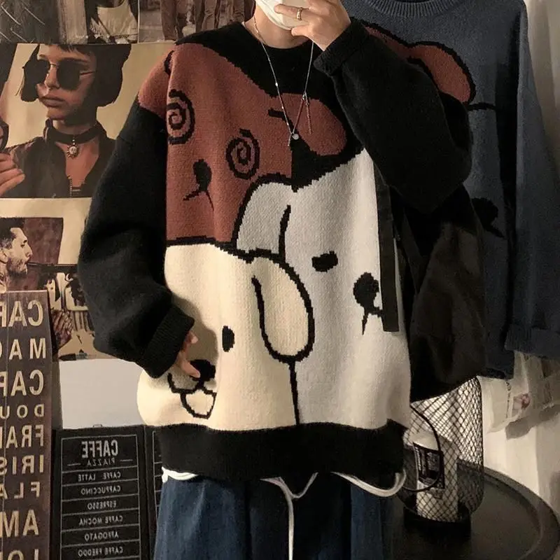 Harajuku Cartoon Cat Print Men's Long Sleeve Sweater