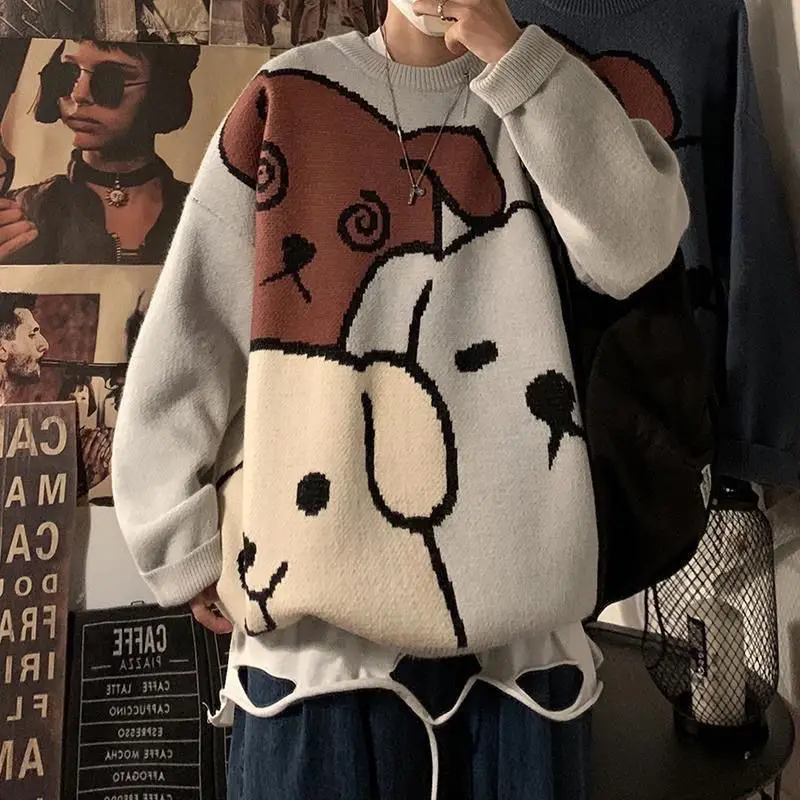 Harajuku Cartoon Cat Print Men's Long Sleeve Sweater