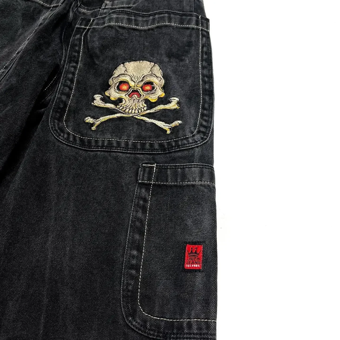 Harajuku Retro Skull Embroidered Loose Denim Jeans - Gothic High-Waist Pants