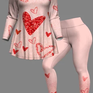 Heart Print Plus Size Two-piece Set: Crew Neck Top & Slim Pants - Spring Matching Outfits