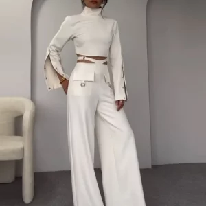 High Collar Crop Top & Wide Leg Trouser Set | 2024 Spring Fashion for Women