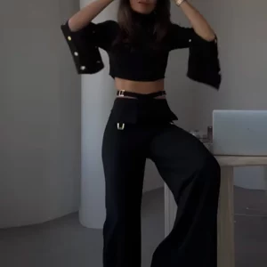 High Collar Crop Top & Wide Leg Trouser Set | 2024 Spring Fashion for Women