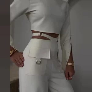 High Collar Crop Top & Wide Leg Trouser Set | 2024 Spring Fashion for Women