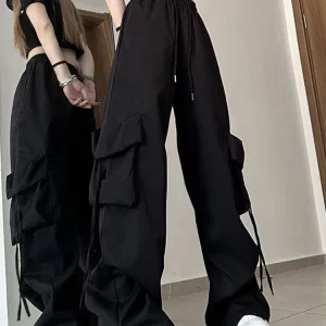 High Waist Cargo Pants for Women | Flap Pocket Relaxed Fit Wide Leg Trousers