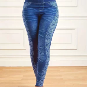 High Waist Plus Size Denim Leggings for Women - Slim Fit Elastic Skinny Pants for Workout Running