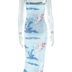 Hipster Aesthetic Print Midi Dress | Women's Sexy Spaghetti Strap Sleeveless Robe | Slim Fit | 2024