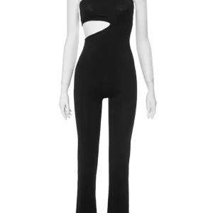 Hollow Out Black Tube Top Jumpsuit Women's Elegant Bodycon Overalls