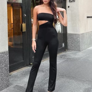 Hollow Out Black Tube Top Jumpsuit Women's Elegant Bodycon Overalls