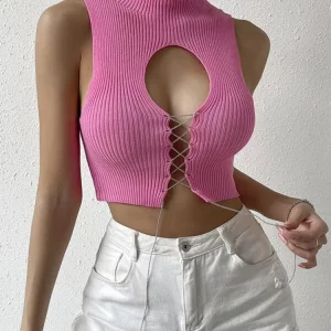 Hollow Out Slim Knit Tank Top Sleeveless Crop Tee