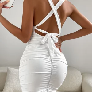 Hollow Out Square Collar Sleeveless Mini Dress - White Nightclub Lace-Up Backless Sheath