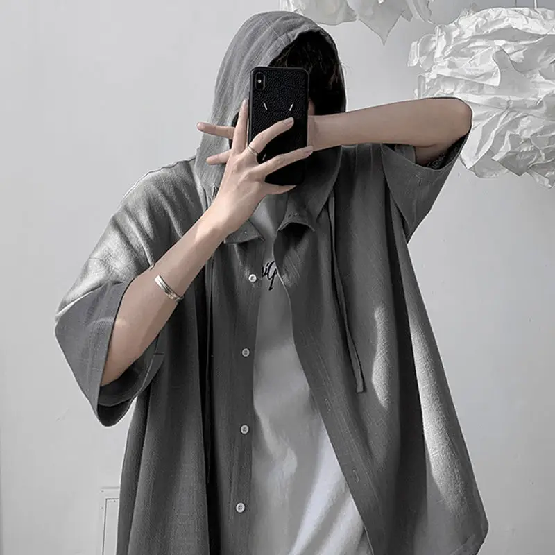 Japanese Ice Silk Hooded Shirt: Unisex Summer Trend Blouse