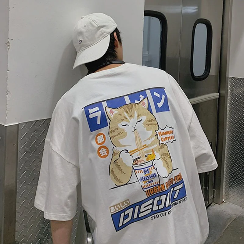 Japanese Style Summer Cat Graphic Tee for Men