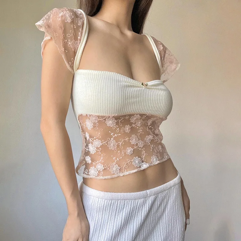 Kawaii Lace Patchwork Crop Top for Women | 2024 Summer Fashion