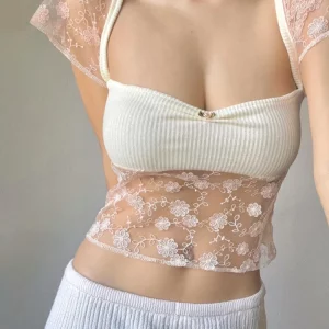 Kawaii Lace Patchwork Crop Top for Women | 2024 Summer Fashion