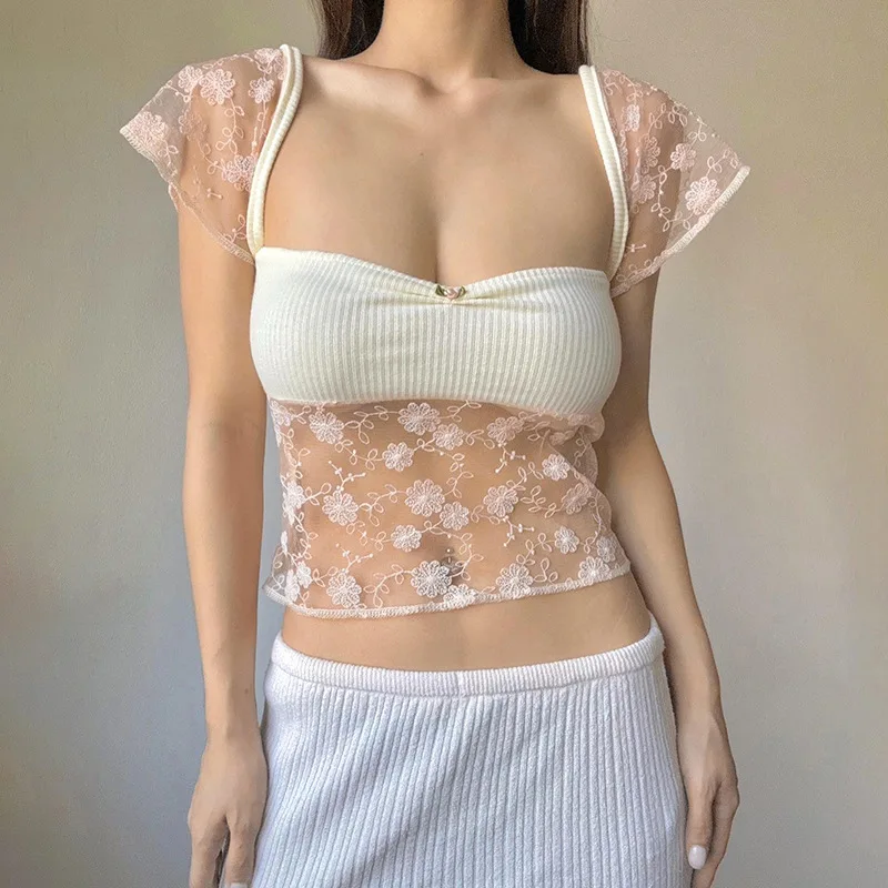 Kawaii Lace Patchwork Crop Top for Women | 2024 Summer Fashion