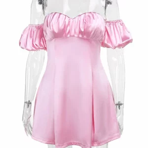 Kawaii Pink Off-Shoulder Satin Mini Dress for Women - 2024 Summer Party & Evening Wear