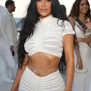 Kim Kardashian Sheer White Knit Two-Piece Dress - Elegant See-Through Sweater Crop Top and Skirt Set