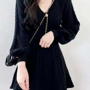 Knit Lantern Sleeve Sweater Dress Women Casual Mini V-neck Outfit