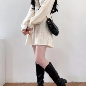 Knit Lantern Sleeve Sweater Dress Women Casual Mini V-neck Outfit