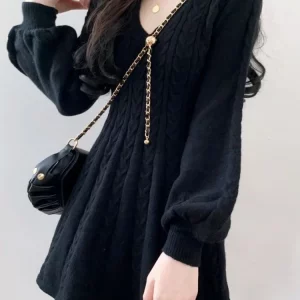 Knit Lantern Sleeve Sweater Dress Women Casual Mini V-neck Outfit