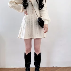 Knit Lantern Sleeve Sweater Dress Women Casual Mini V-neck Outfit