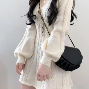 Knit Lantern Sleeve Sweater Dress Women Casual Mini V-neck Outfit