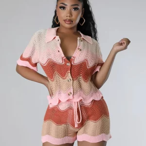 Knit Panelled 2-Piece Set: Casual Lapel Top & Elastic Shorts