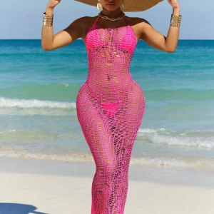 Knitted Halter Maxi Dress with Bikini Set - 2024 Summer Beach Outfit