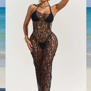 Knitted Halter Maxi Dress with Bikini Set - 2024 Summer Beach Outfit