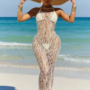 Knitted Halter Maxi Dress with Bikini Set - 2024 Summer Beach Outfit