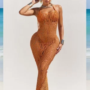 Knitted Halter Maxi Dress with Bikini Set - 2024 Summer Beach Outfit