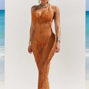 Knitted Halter Maxi Dress with Bikini Set - 2024 Summer Beach Outfit