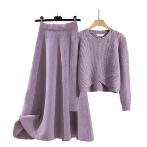 Knitted Pullover Sweater with High Waist A-Line Skirt Set