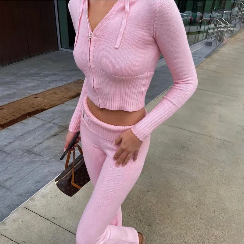 Knitted Women's 2-Piece Tracksuit with Hooded Zipper Sweater & Flare Pants