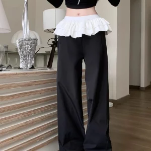 Korean Style Black Wide Leg Sweatpants for Women