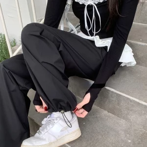 Korean Style Black Wide Leg Sweatpants for Women