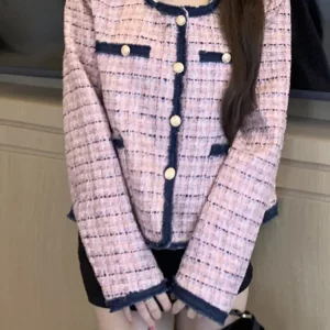 Korean Vintage Tweed Jacket Coat | Elegant Women's Woolen Outerwear