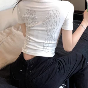 Korean Vintage Y2K Wing Graphic Cropped T-Shirt for Women