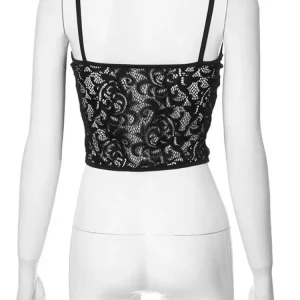 Lace Hollow Out Black Camisole Women's Spaghetti Strap Crop Top