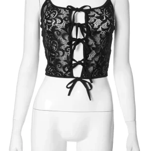 Lace Hollow Out Black Camisole Women's Spaghetti Strap Crop Top