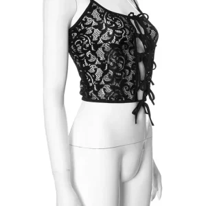 Lace Hollow Out Black Camisole Women's Spaghetti Strap Crop Top